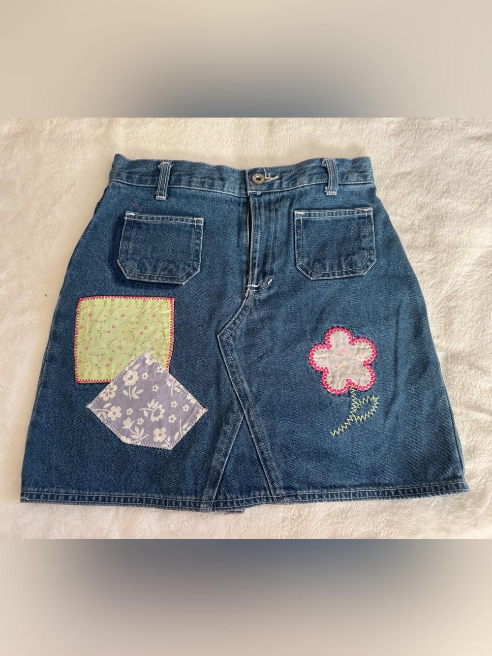 Faded Glory Blue Denim Skirt with Floral and Patchwork Accents